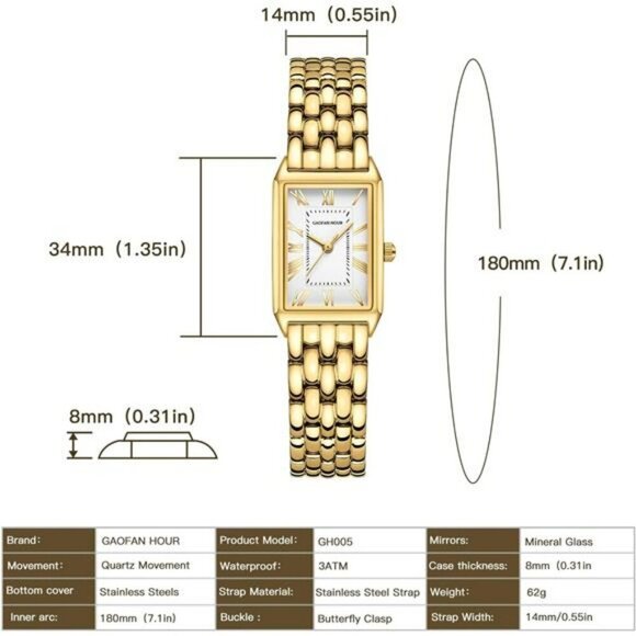 Gold Rectangle Watch Women Roman Dial Stainless Steel Band Water Resistant - Picture 4 of 7